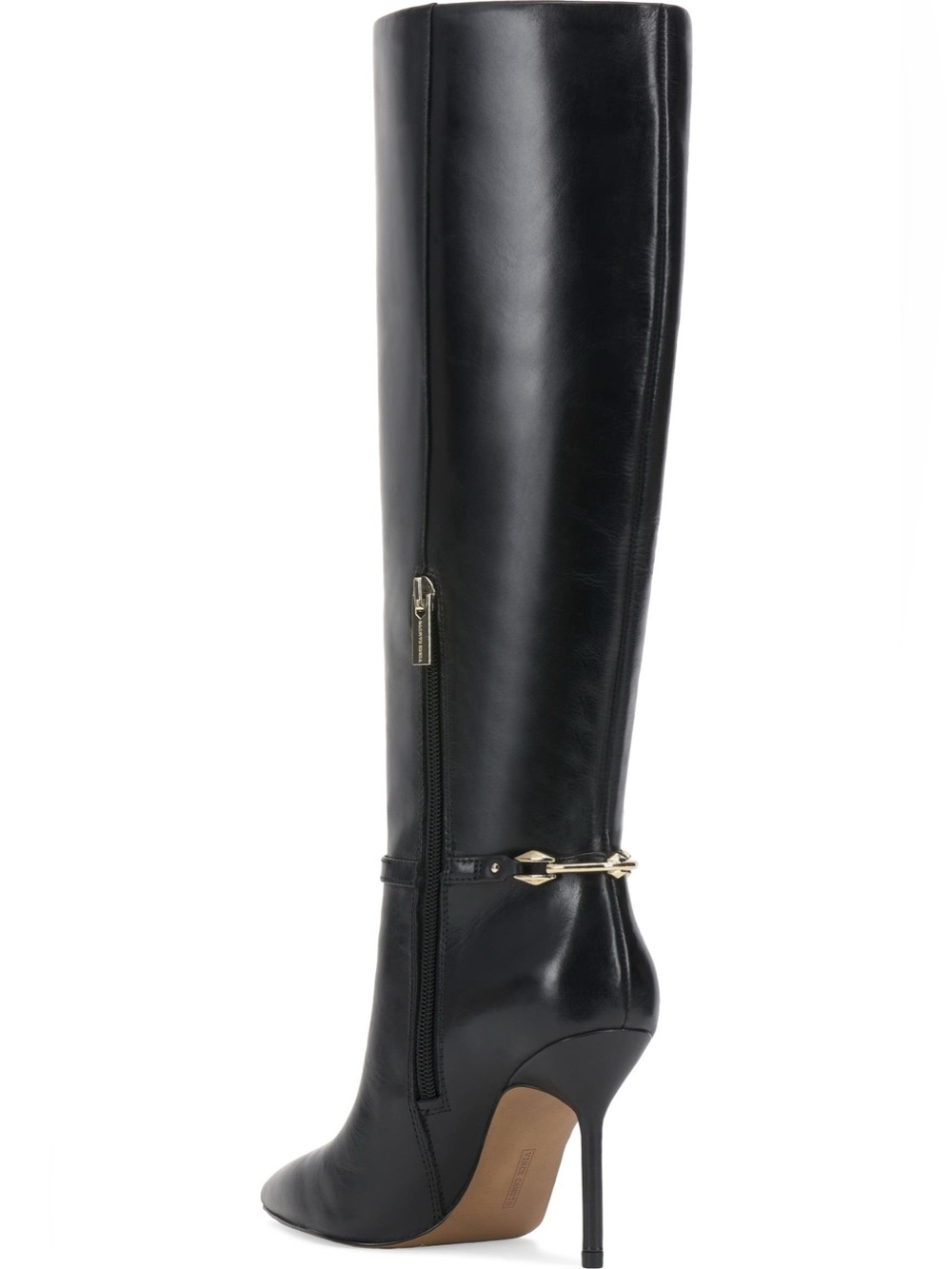 Women’s Black Knee-High Stiletto Boot with Gold Hardware